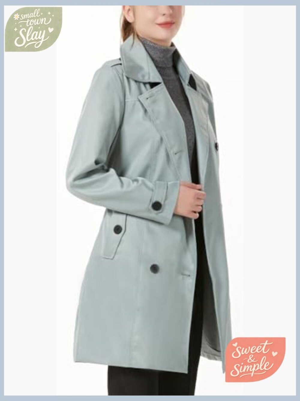 Women's Double-Breasted Trench Coat, Mid-Length Windproof Overcoat - Picture 7 of 7
